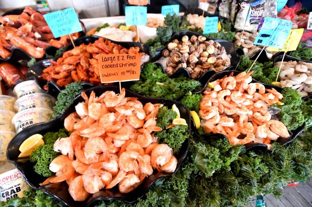 Shrimp is for sale at the outdoor seafood market at Cooper's Seafood House in Scranton Tuesday, December 30, 2025. (SEAN MCKEAG / STAFF PHOTOGRAPHER)