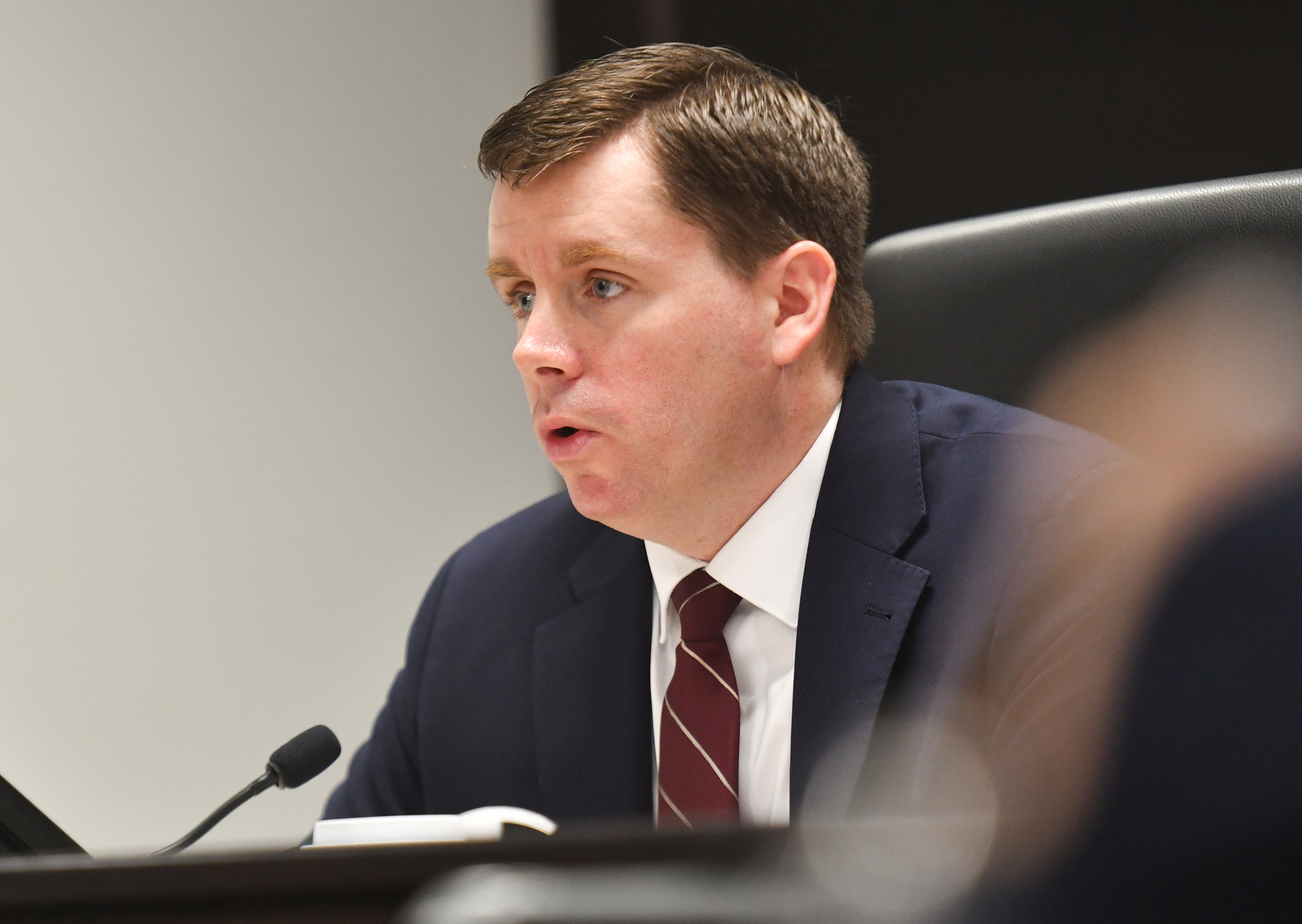 Lackawanna County Commissioner Bill Gaughan speaks during the commissioners’ meeting...