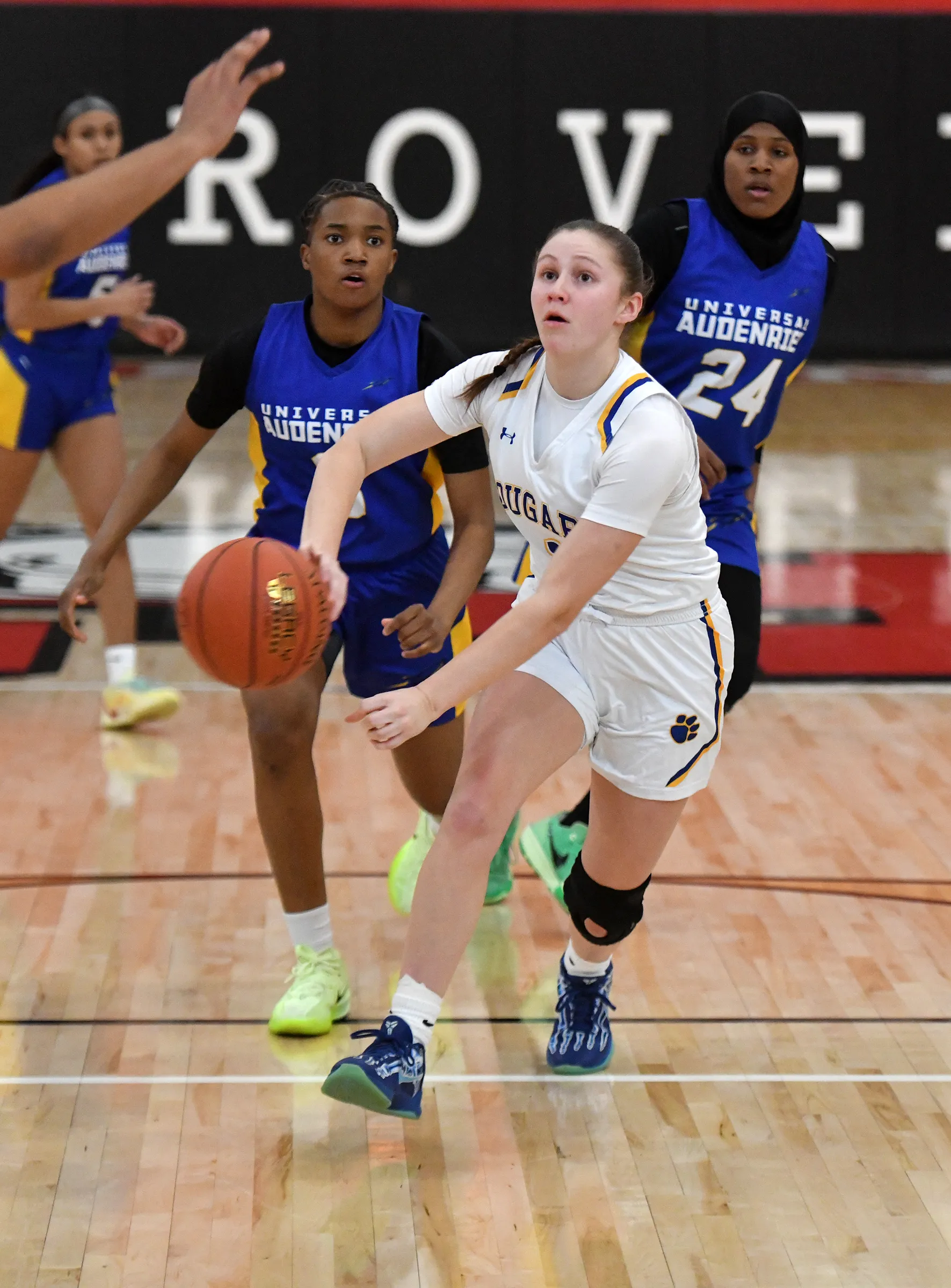 Valley View’s Cora Castellani passes the ball while covered by...