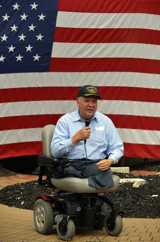Former Scranton Mayor and Veteran, David Wenzel, says a few words at the start of the Rolling Thunder Inc. Pennsylvania Chapter 3 Salute to Veterans Ride on Sunday, July 21, 2013.