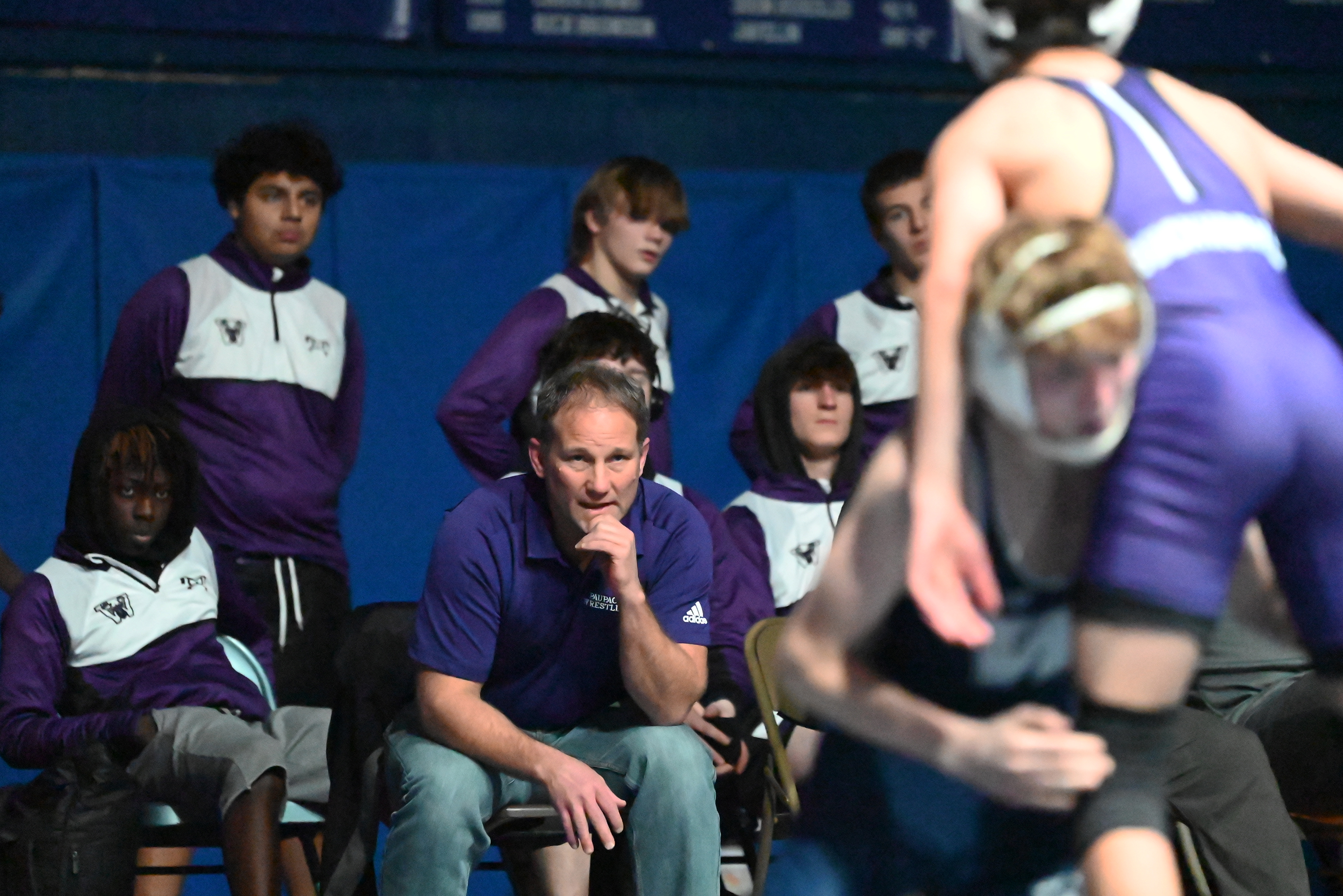 Wallenpaupack coach Steve Krushnowski watches the 114-pound bout during Wednesday’s...