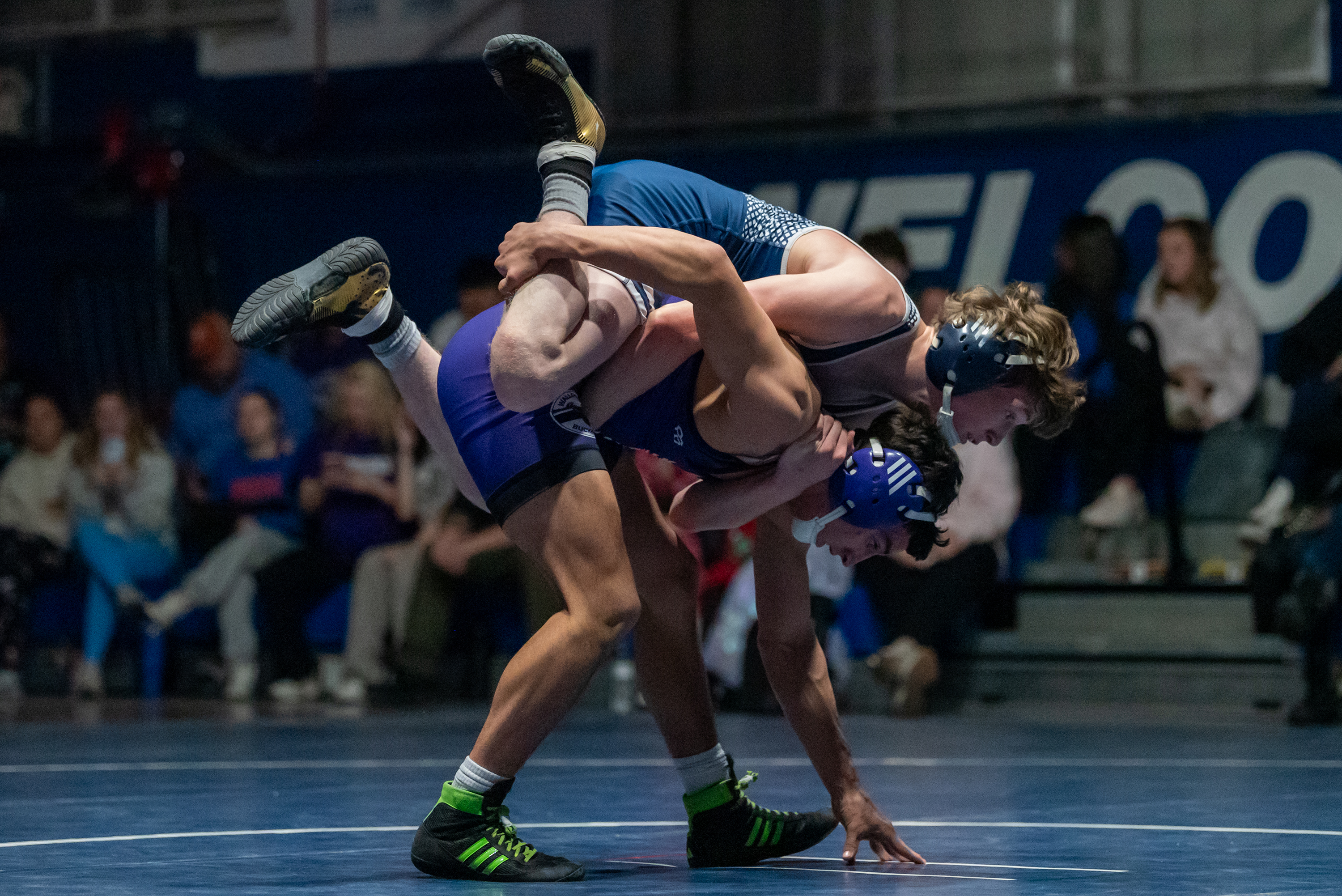 West Scranton’s Connor Lagier, top, wrestles Wallenpaupack’s Giovanni Lomonaco during...