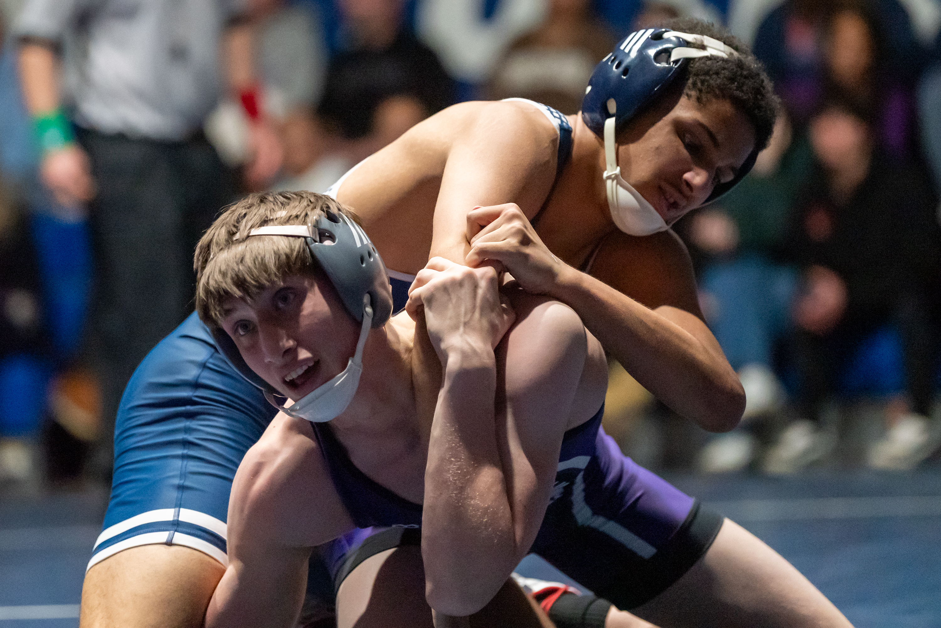 Wallenpaupack’s Sawyer Jones wrestles West Scranton’s Nasir Burns during Wednesday’s...