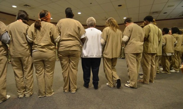 Anna Young leads a prayer service for women inmates at Lackawanna County Prison in 2020. (TIMES-TRIBUNE FILE)