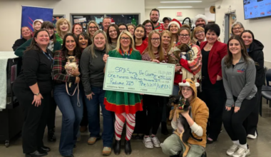 SPCA staff, volunteers and the teams from WBEN and 107.7 The Wolf celebrate the end of the 2025 Radiothon Photo credit SPCA Serving Erie County