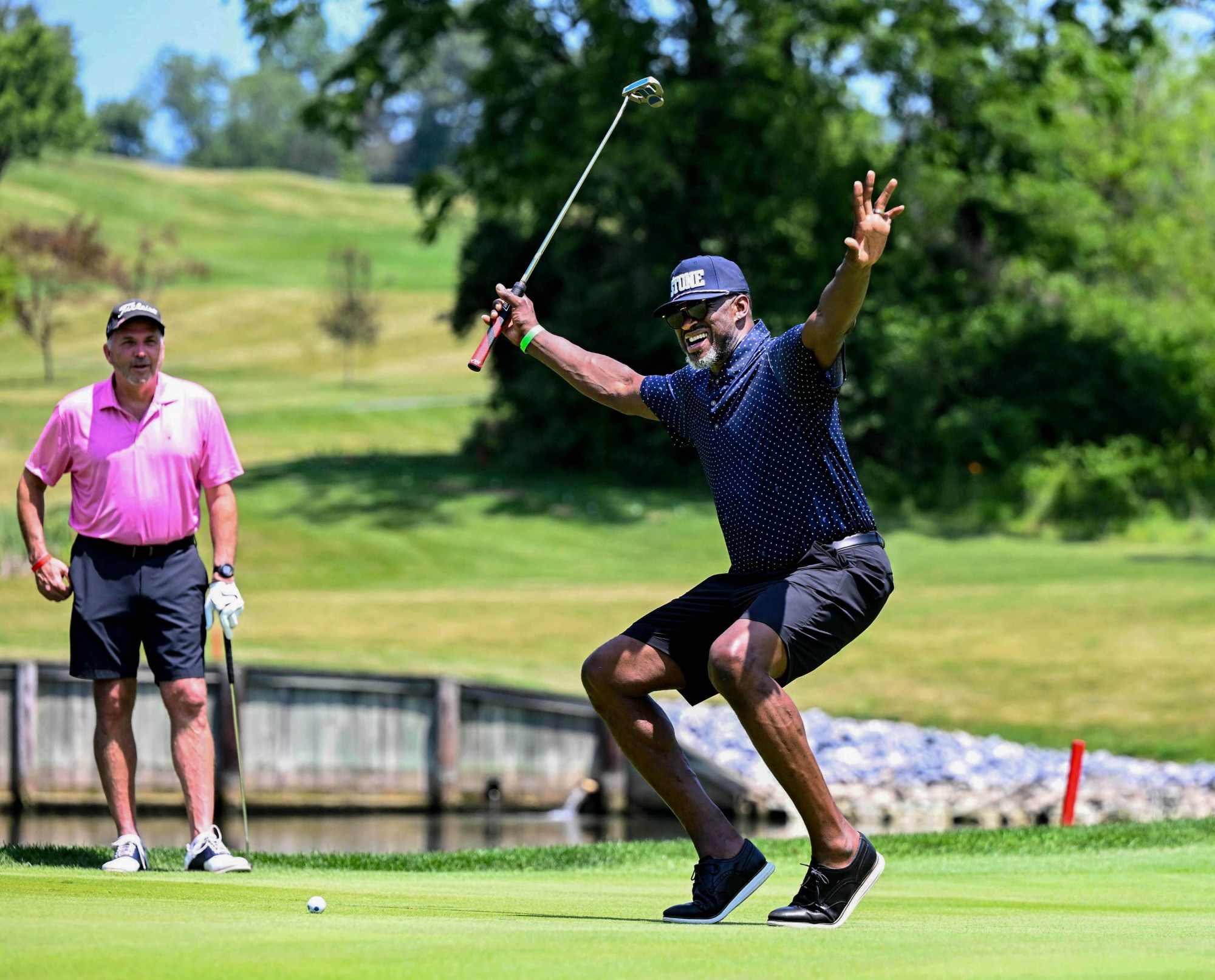 Former Los Angeles Clippers power forward Steffond Johnson celebrates a good putt Monday, June 23, 2025, during the annual Andre Reed Celebrity Golf Classic at Woodstone Country Club in Lehigh Township. The event benefits the Boys & Girls Club of Allentown. (Monica Cabrera/The Morning Call)