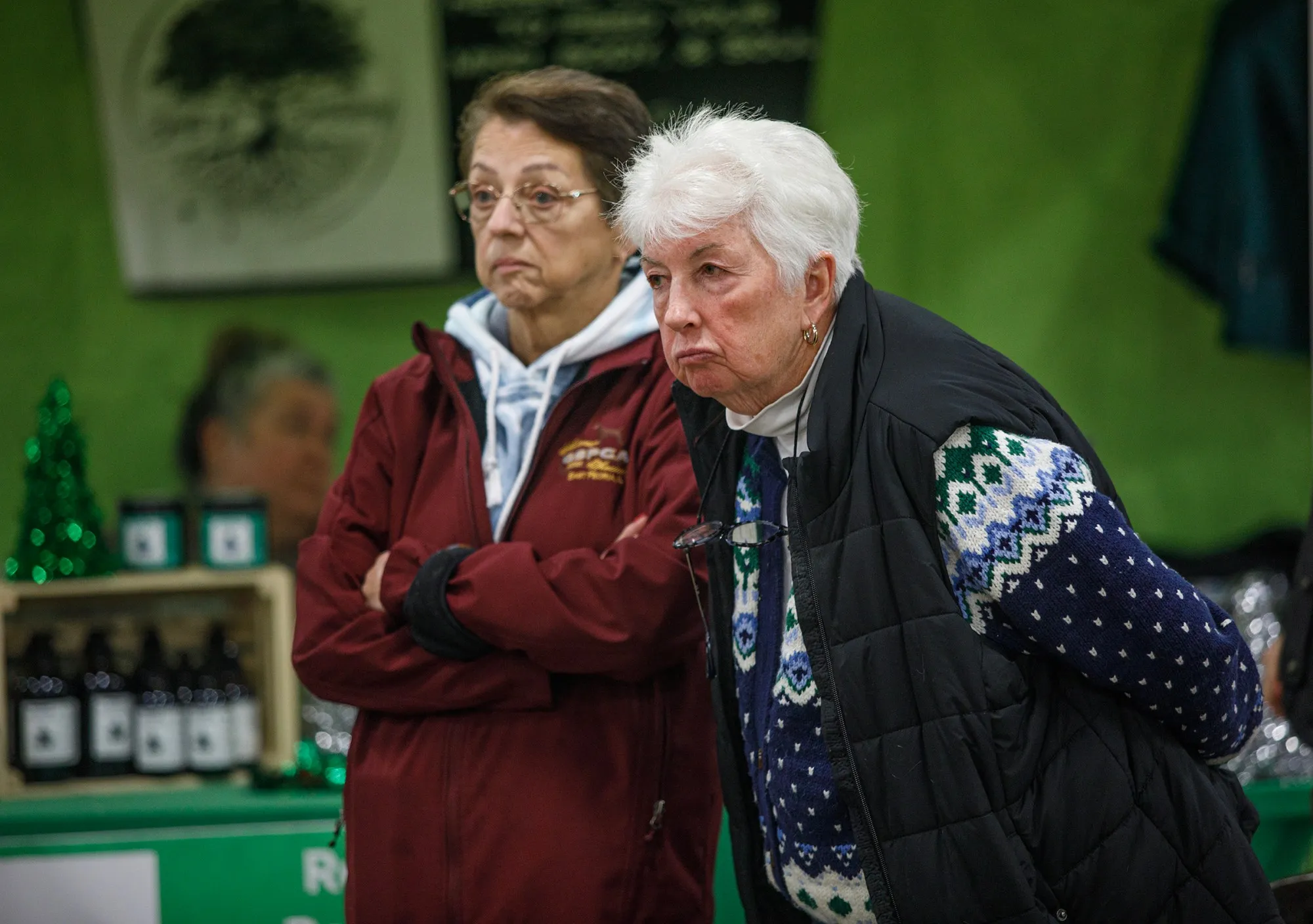 Brenda Mahoney of Hedgesville, West Va. and Karen Kohlmeyer of West Chester, Pa., watch their German shorthair springer spaniel, whom they co-own, during the Allentown Dog Show December 11, 2025, at the Agriplex in Allentown. Cody ranks first of his breed in the country. (Jane Therese/Special to The Morning Call)