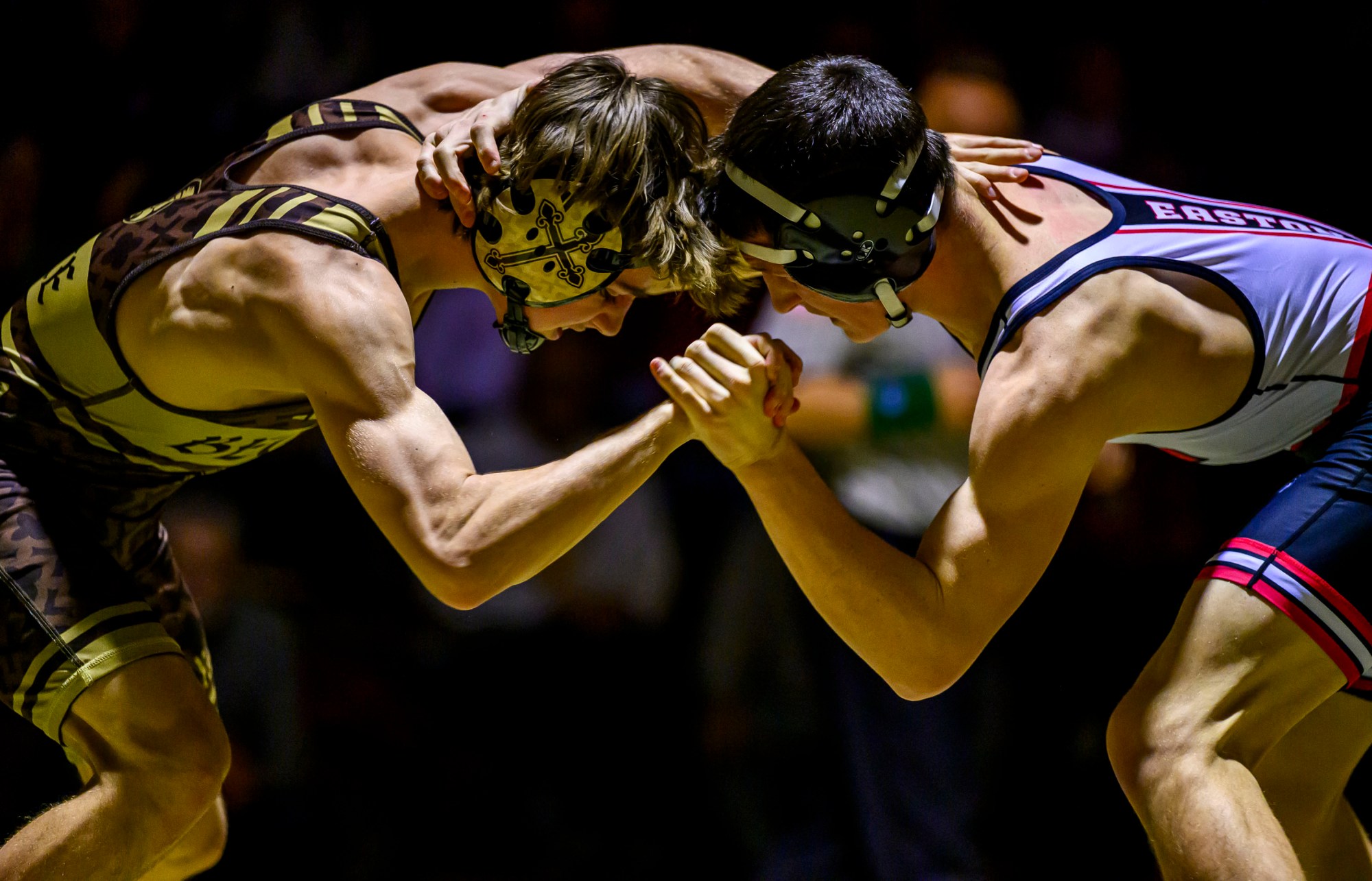 Bethlehem Catholic's Jack Cole wrestles Easton's Nick Salamone in the 133-pound weight class Wednesday, Dec.17, 2025, in Bethlehem. (April Gamiz/The Morning Call)