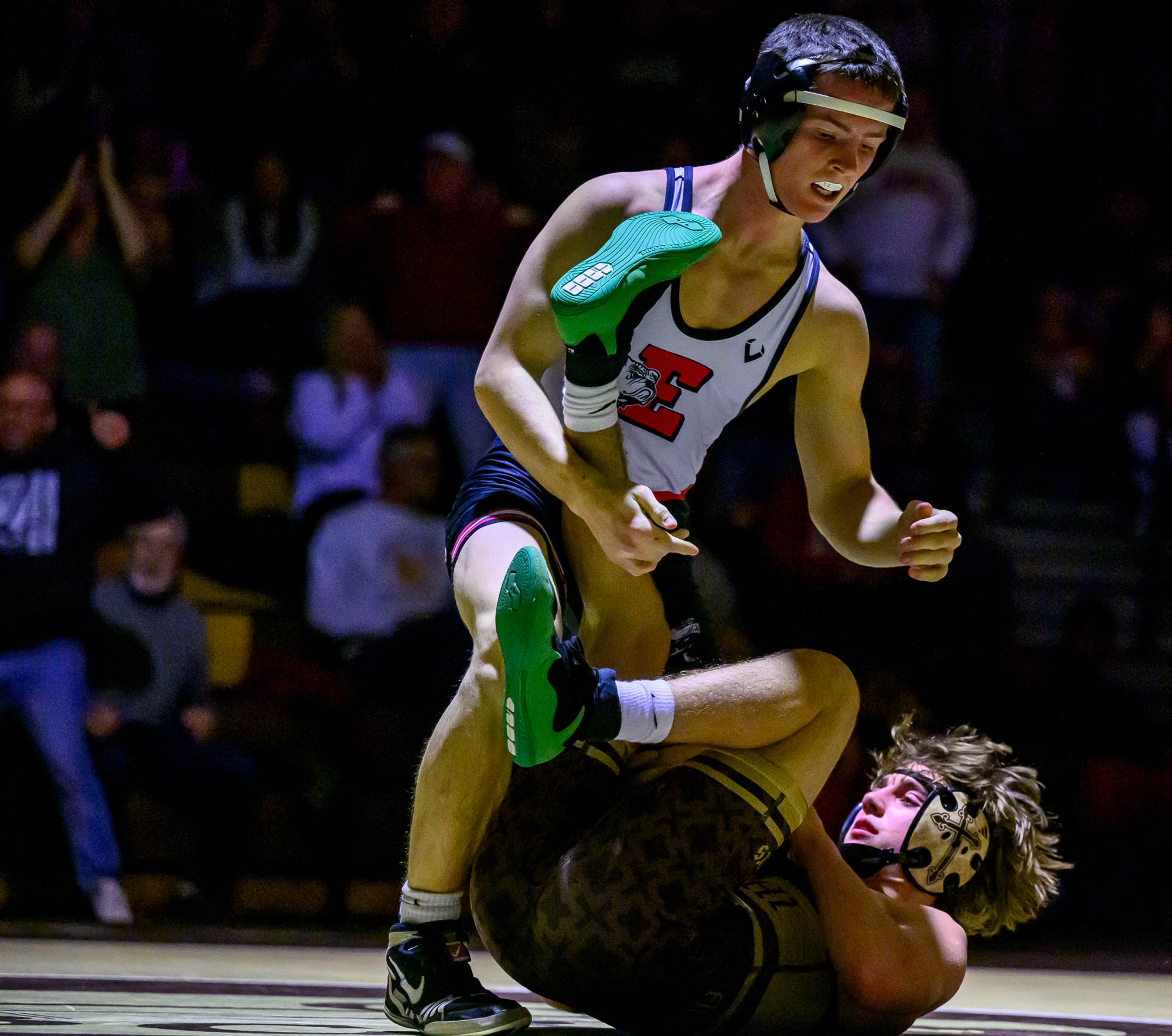 Bethlehem Catholic's Jack Cole wrestles Easton's Nick Salamone in the 133-pound weight class Wednesday, Dec.17, 2025, in Bethlehem. (April Gamiz/The Morning Call)