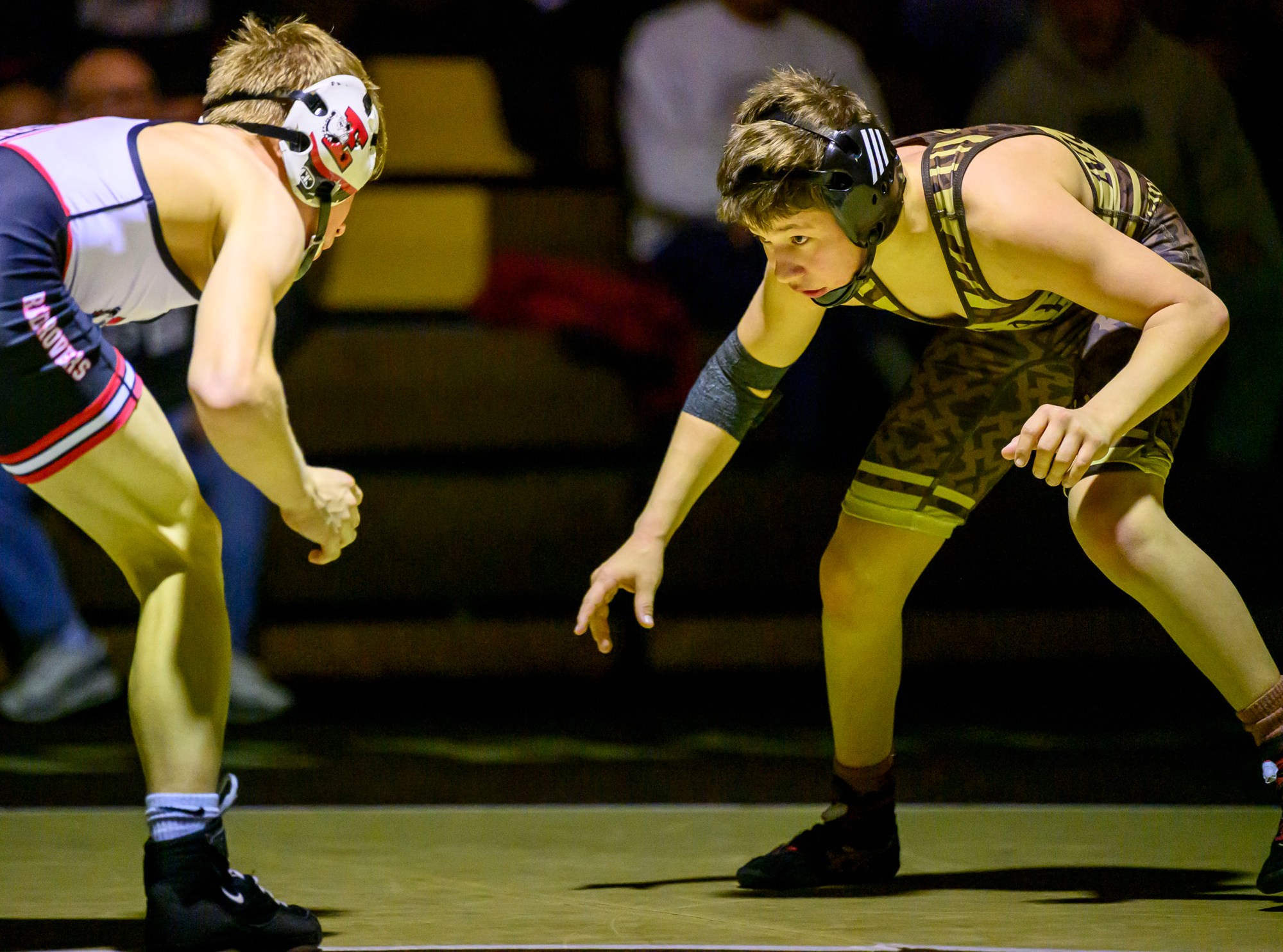 Bethlehem Catholic's Mike Nicosia wrestles Easton's Mike Rambone in the 107-pound weight class Wednesday, Dec.17, 2025, in Bethlehem. (April Gamiz/The Morning Call)