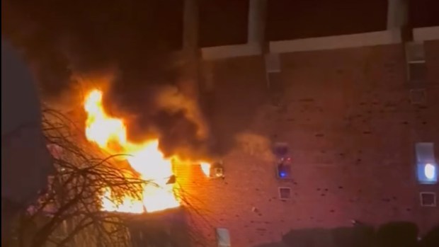 This screen capture taken from a video shows the fire Saturday evening, Dec. 13, 2025, at the Fairmount Place Apartments on Maryland Circle in Whitehall Township. (Courtesy Mike Flores)
