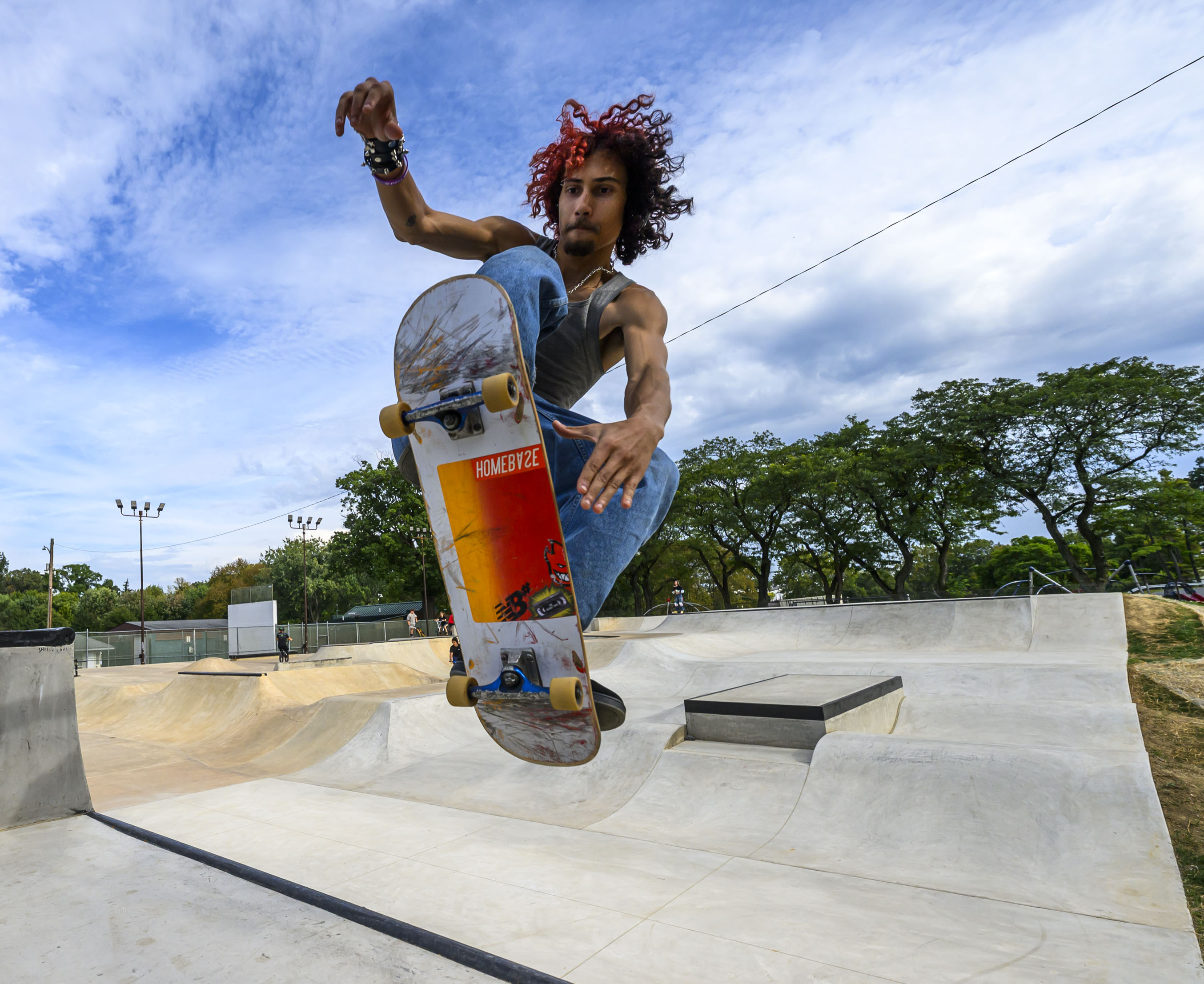 Pablo Garcia of Allentown rides their skateboard Tuesday, Sept. 16, 2025, at Jordan Skatepark in Allentown. The second phase of construction at the park, which opened in November 2021, was recently unveiled, including overhead light fixtures. (April Gamiz/The Morning Call)