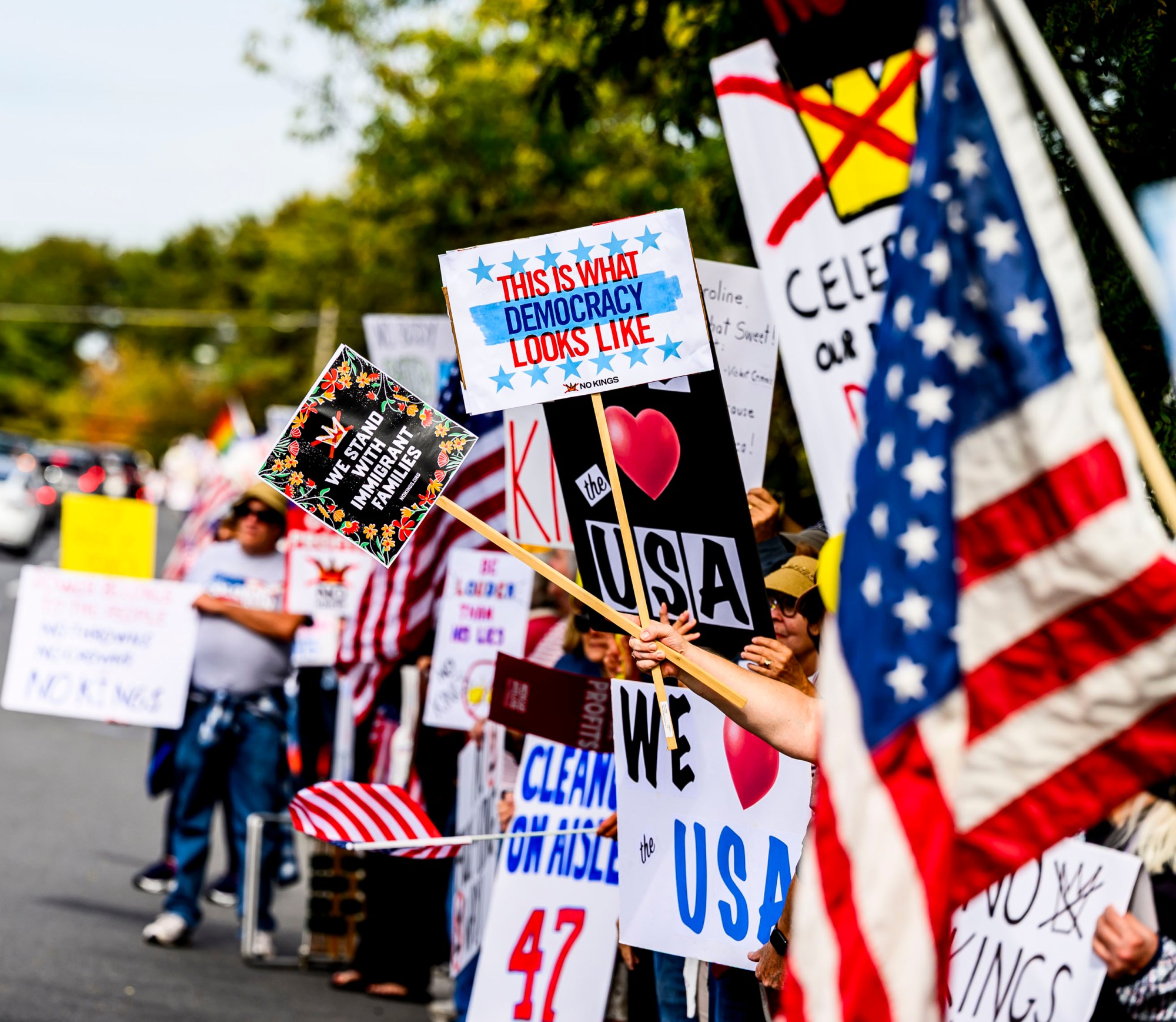 People protest during a No Kings rally Saturday, Oct. 18, 2025, near Congressman Ryan Mackenzie's office along Cedar Crest Boulevard in Salisbury Township. The rally, one of several in the Lehigh Valley, was part of another round of No Kings demonstrations held nationwide.(April Gamiz/The Morning Call)