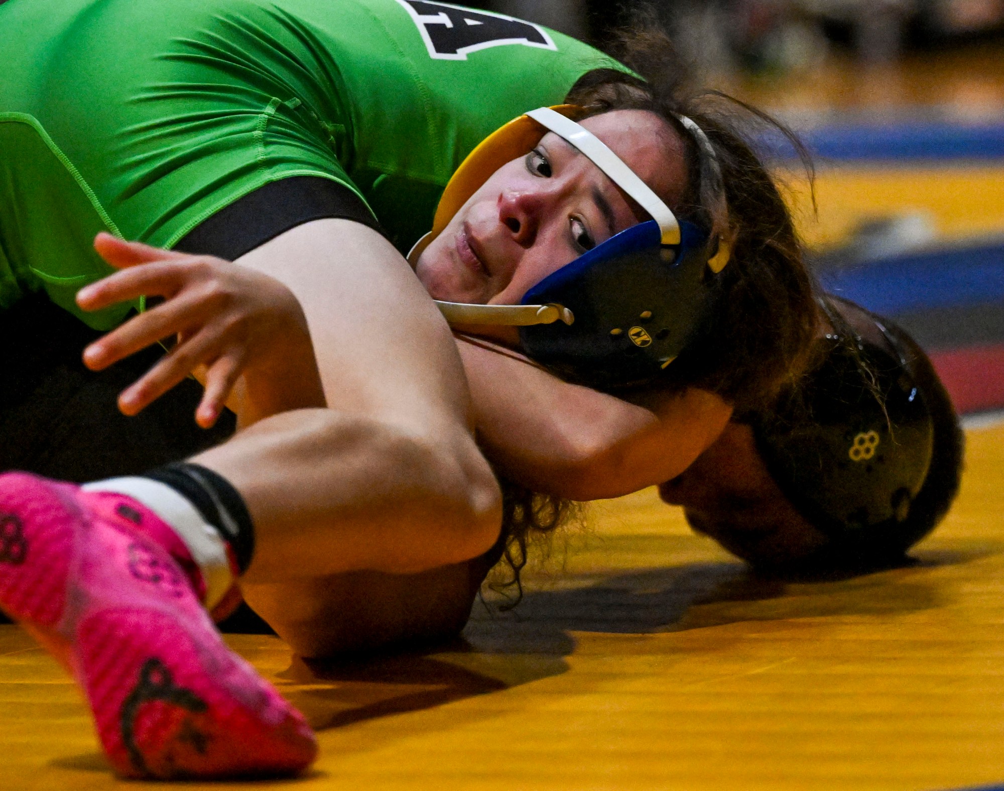 Pen Argyl's Blayke Lacey wrestles Wilson's Navaeh Colon in the 121-pound weight class Thursday, Dec. 16, 2025, during a boys wrestling match at Wilson Area High School. (April Gamiz/The Morning Call)