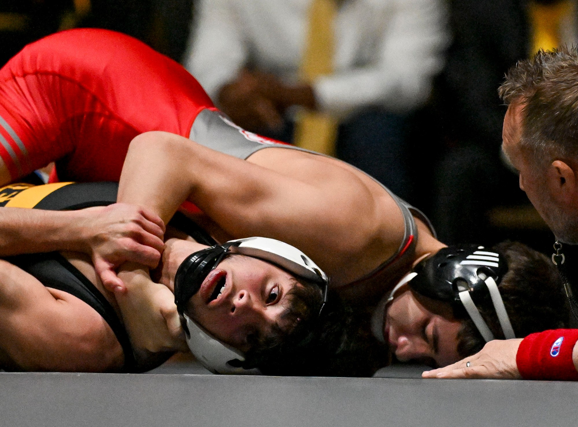 Parkland's Matthew Velez wrestles Freedom's John Bodnar in the 121-pound weight class Wednesday, Jan. 22, 2025, during a boys wrestling match at Freedom High School. (April Gamiz/The Morning Call)