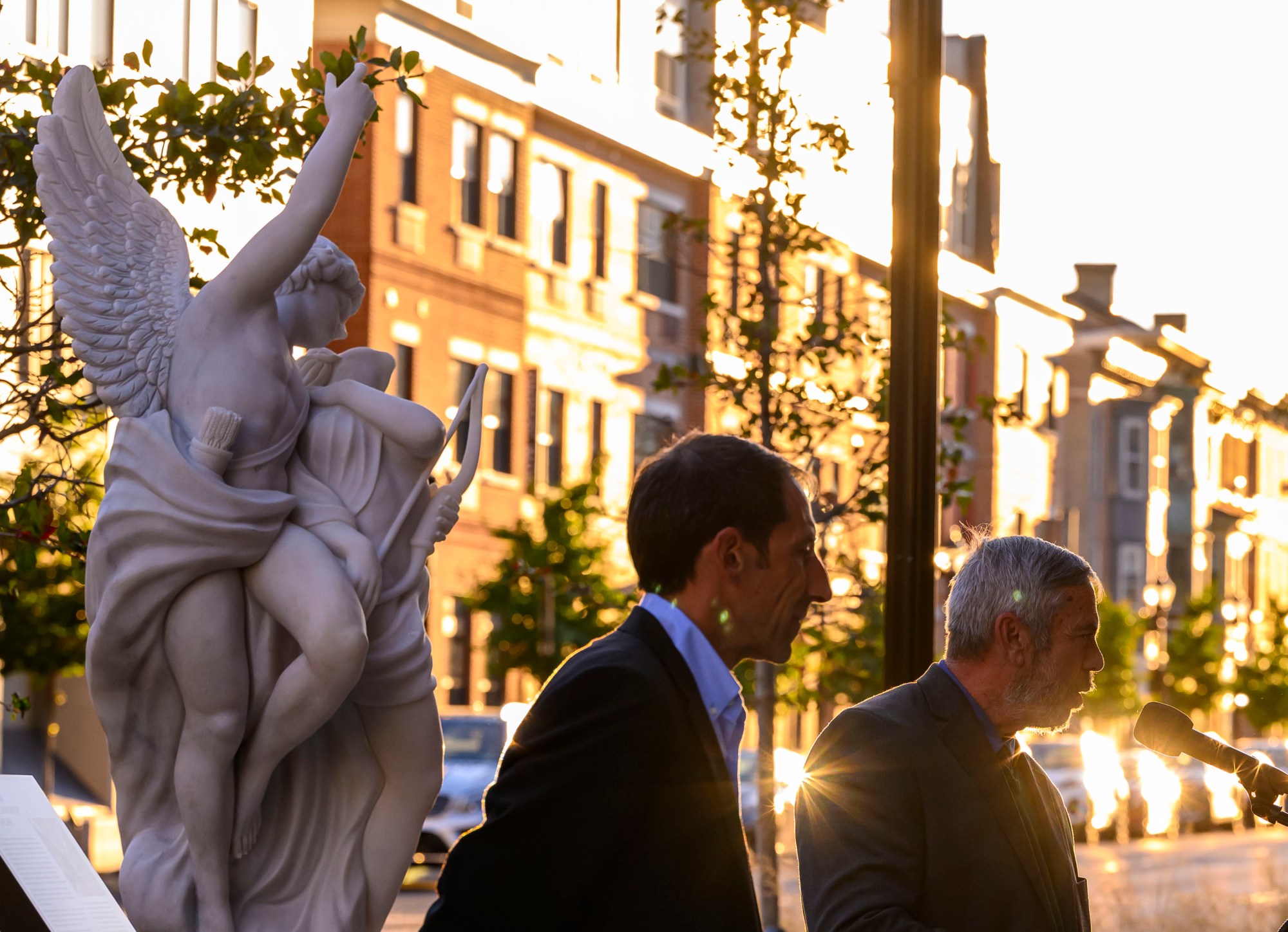 Pennsylvania Revenue Secretary Pat Browne speaks Thursday, Oct. 9, 2025, during a presentation of a replica sculpture of Eros and Psyche on the 900 block of Hamilton Street in Allentown. The original statue, which is now missing, was in the foyer of the former Rialto Theater, which stood at 943 Hamilton from 1921 until its demolition in 1986. Browne, a former state Senator from Lehigh County, asked the Allentown Neighborhood Improvement Zone Development Authority board to fund the replica. (April Gamiz/The Morning Call)
