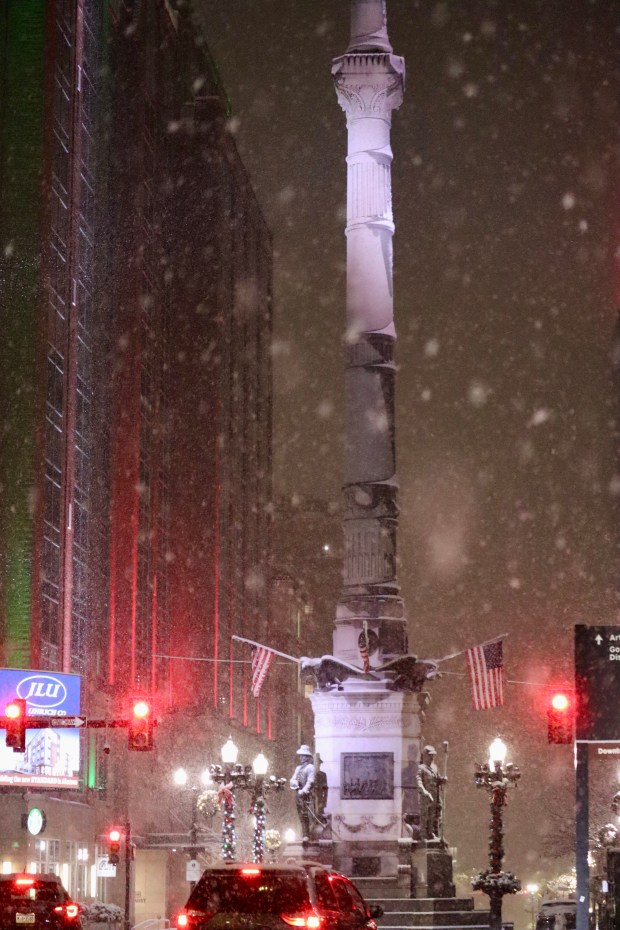 Snow falls over Allentown as winter storm drops 2-4 inches of snow across the Lehigh Valley on Saturday night into Sunday morning Dec. 14, 2025, with cold temperatures and slick roads. (Rich Rolen/Special to The Morning Call)