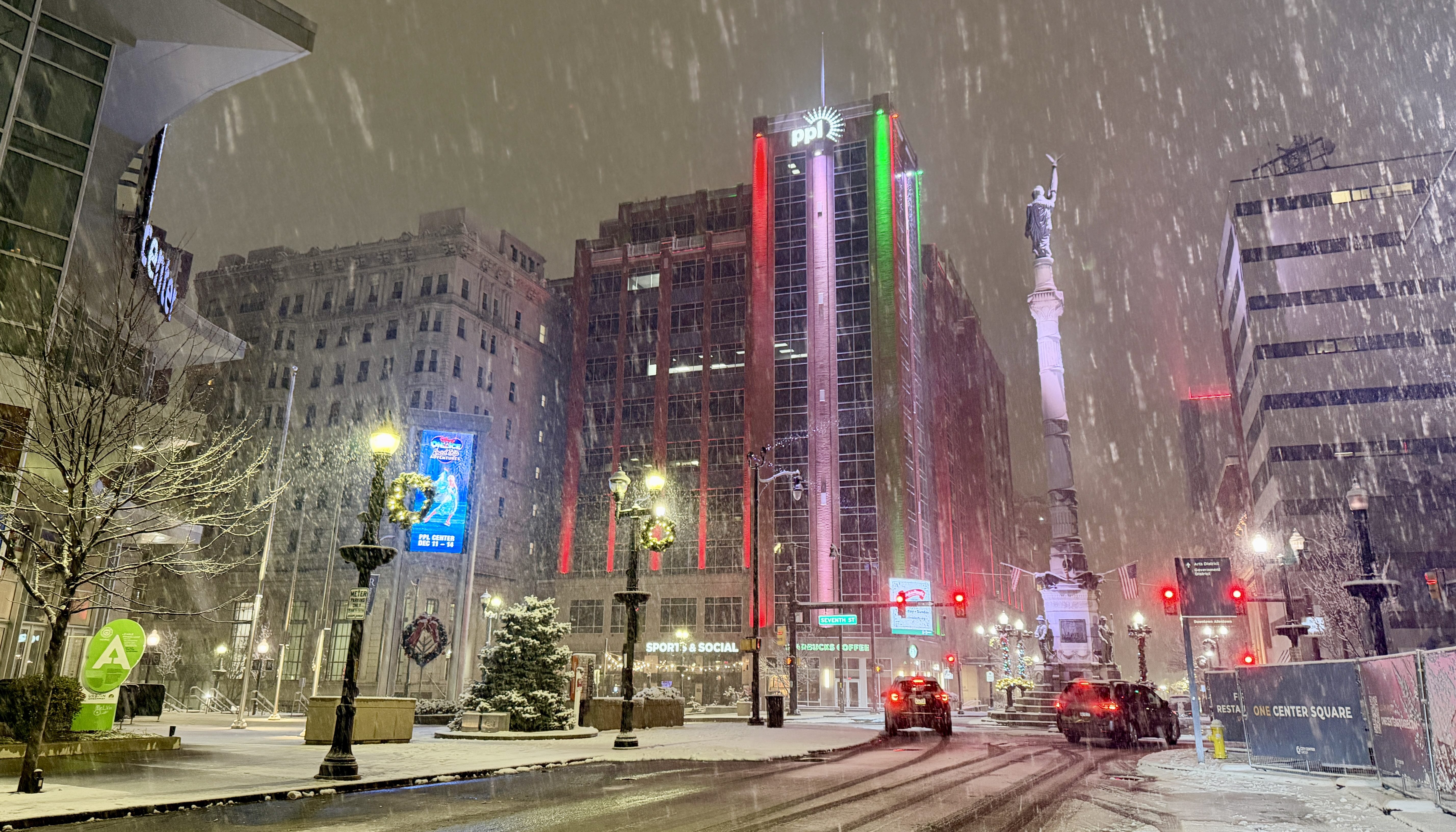 Snow falls over Allentown as winter storm drops 2-4 inches of snow across the Lehigh Valley on Saturday night into Sunday morning Dec. 14, 2025, with cold temperatures and slick roads. (Rich Rolen/Special to The Morning Call)