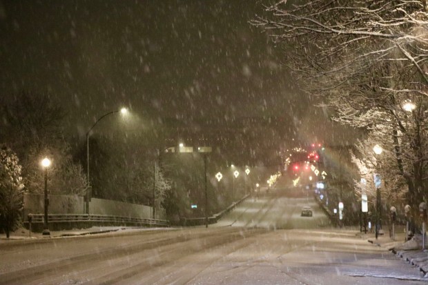 Snow blankets the north side of Bethlehem as winter storm drops 2-4 inches of snow across the Lehigh Valley on Saturday night into Sunday morning Dec. 14, 2025, with cold temperatures and slick roads. (Rich Rolen/Special to The Morning Call)