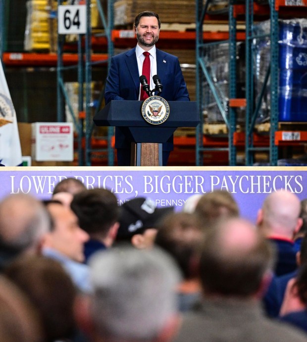 Vice President JD Vance appears Tuesday, Dec. 16, 2025, at a Uline warehouse in Lower Macungie Township, where he delivered a speech on the economy during his first visit to the Lehigh Valley since taking office. (Monica Cabrera/The Morning Call)