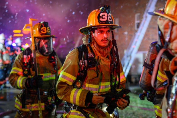 Firefighters respond to a fire Saturday evening Dec. 13, 2025, at the Fairmont Place Apartments on Maryland Circle in Whitehall Township. (Scott M. Nagy/Special to The Morning Call)