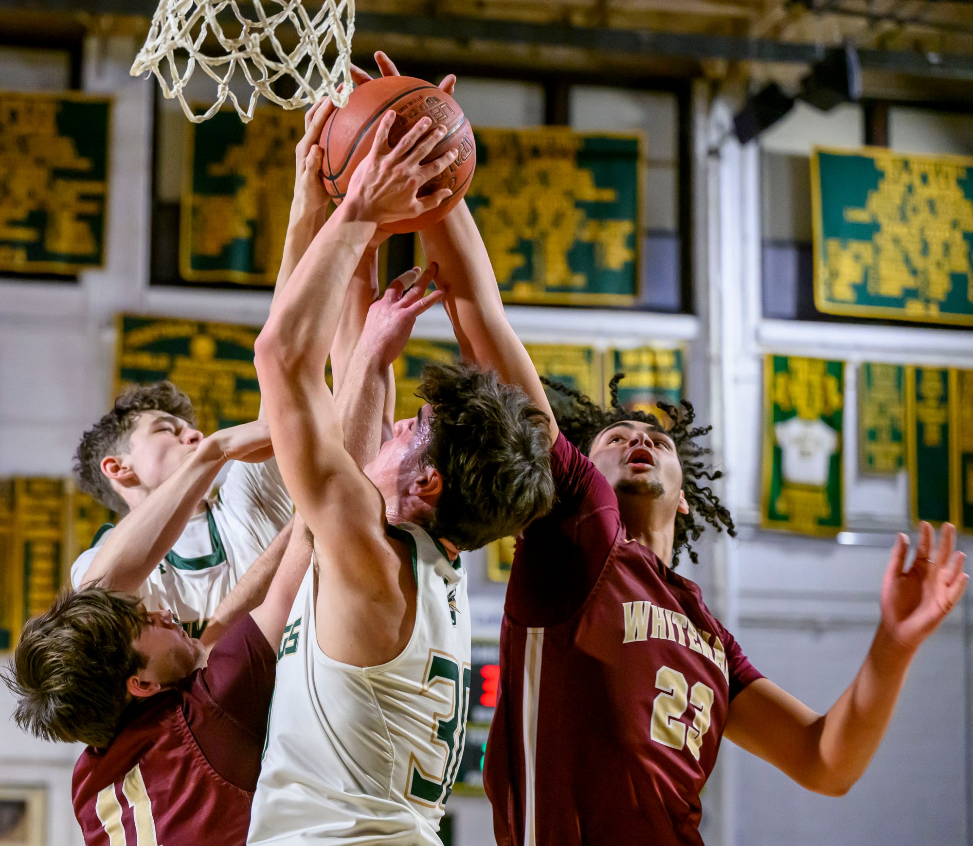 Allentown Central Catholic's Lucas Mushrush is blocked by Whitehall's AJ Hines during a boys basketball game Thursday, Jan. 30, 2025, at Allentown Central Catholic. (April Gamiz/The Morning Call)