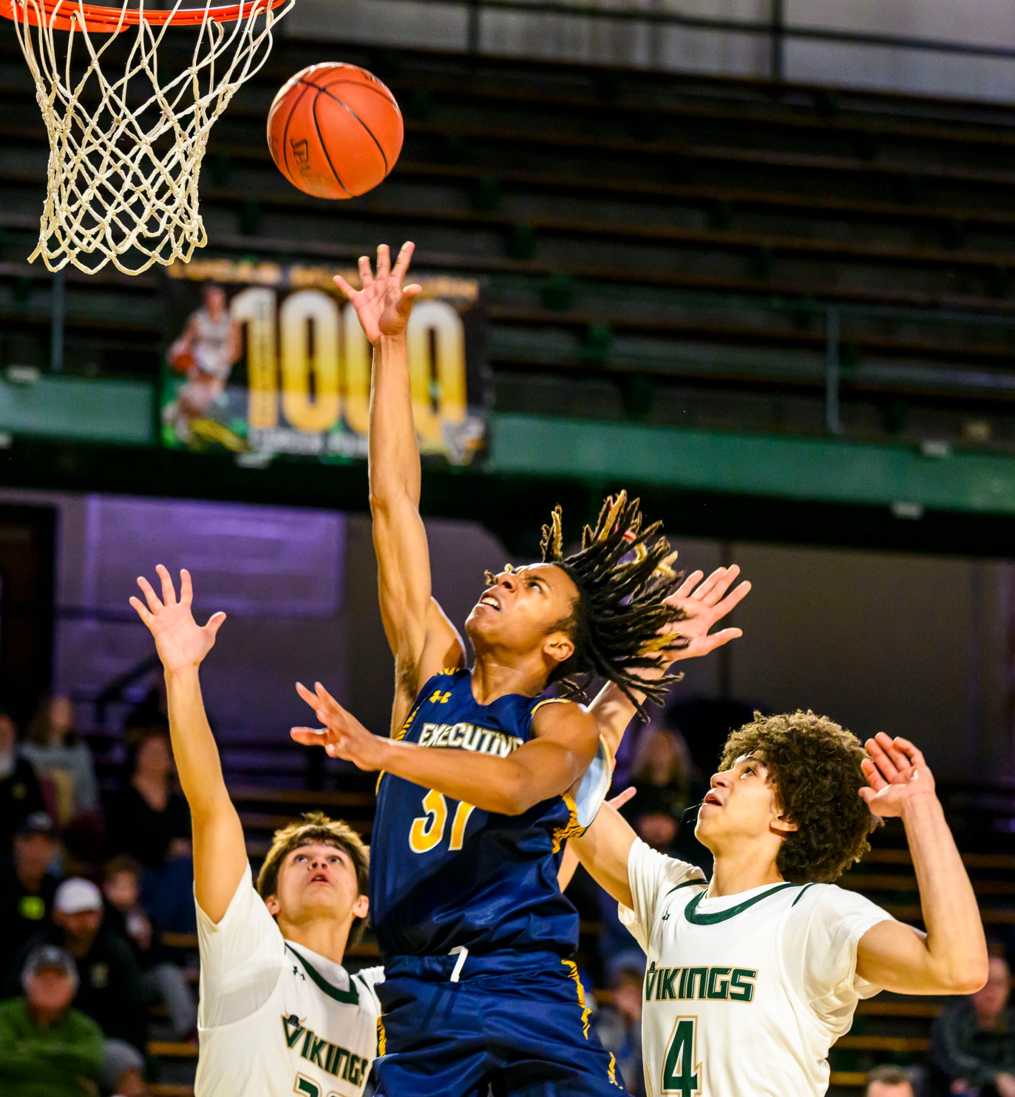 Allentown Central Catholic's Yariel Gonzalez and Tommy Roth look to block against Executive Education's Ziyon Wilkins during a boys basketball game Saturday, Jan. 18, 2025, at Allentown Central Catholic. (April Gamiz/The Morning Call)
