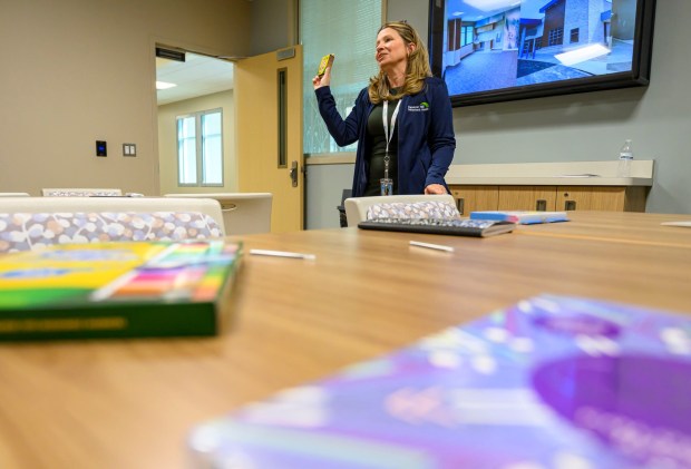 Michelle Williams talks about recreational therapy during a tour Monday, Dec. 8, 2025, during a ribbon-cutting ceremony for Hanover Hill Behavioral Health, a three-story, 144-bed behavioral health hospital in Hanover Township, Northampton County. The hospital represents a joint venture between Lehigh Valley Health Network and Universal Health Services. (April Gamiz/The Morning Call)