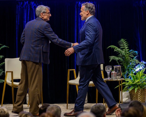 U.S. Sen. Dave McCormick, R-Pa., discusses the government's role in supporting artificial intelligence and innovation with Lehigh University President Joseph J. Helble on Thursday, Dec. 4, 2025, during Lehigh University's Compelling Perspectives program at the school's Packard Laboratory Room in Bethlehem. (April Gamiz/The Morning Call)