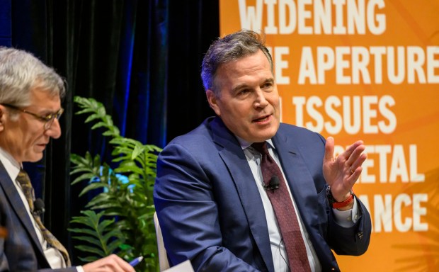 U.S. Sen. Dave McCormick, R-Pa., discusses the government's role in supporting artificial intelligence and innovation with Lehigh University President Joseph J. Helble on Thursday, Dec. 4, 2025, during Lehigh University's Compelling Perspectives program at the school's Packard Laboratory Room in Bethlehem. (April Gamiz/The Morning Call)