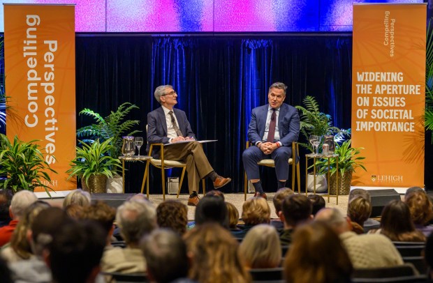 U.S. Sen. Dave McCormick, R-Pa., discusses the government's role in supporting artificial intelligence and innovation with Lehigh University President Joseph J. Helble on Thursday, Dec. 4, 2025, during Lehigh University's Compelling Perspectives program at the school's Packard Laboratory Room in Bethlehem. (April Gamiz/The Morning Call)