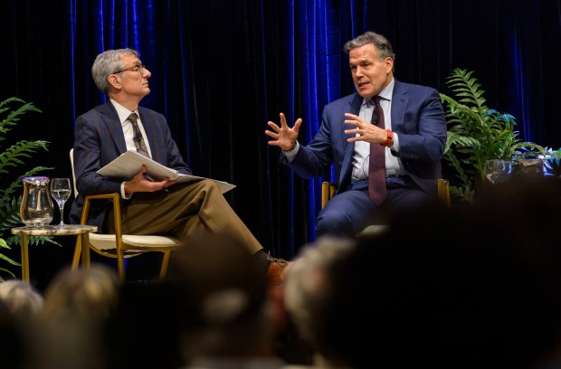 U.S. Sen. Dave McCormick, R-Pa., discusses the government's role in supporting artificial intelligence and innovation with Lehigh University President Joseph J. Helble on Thursday, Dec. 4, 2025, during Lehigh University's Compelling Perspectives program at the school's Packard Laboratory Room in Bethlehem. (April Gamiz/The Morning Call)