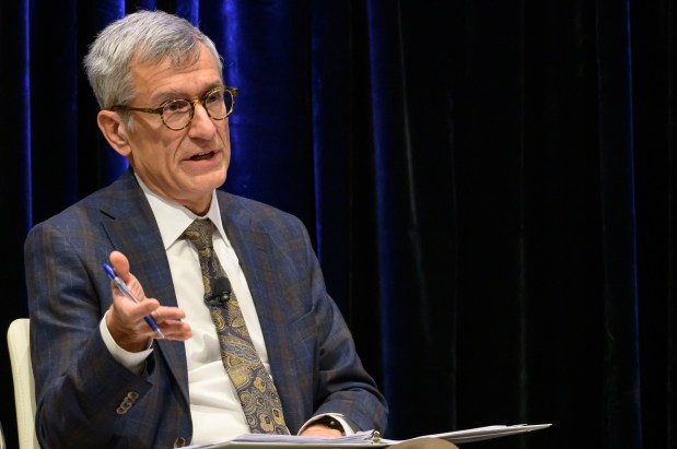 Lehigh University President Joseph J. Helble, shown, speaks with U.S. Sen. Dave McCormick, R-Pa., about the government's role in supporting artificial intelligence and innovation Thursday, Dec. 4, 2025, during Lehigh University's Compelling Perspectives program at the school's Packard Laboratory Room in Bethlehem. (April Gamiz/The Morning Call)