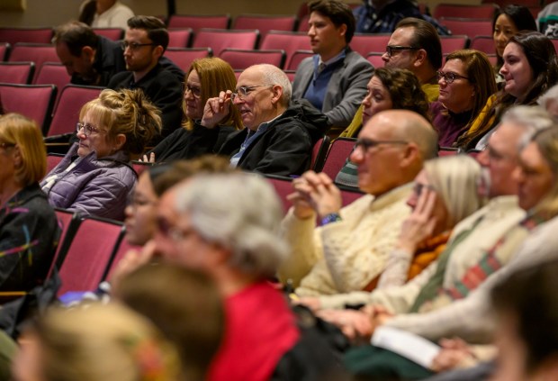 People listen as U.S. Sen. Dave McCormick, R-Pa., discusses the government's role in supporting artificial intelligence and innovation with Lehigh University President Joseph J. Helble on Thursday, Dec. 4, 2025, during Lehigh University's Compelling Perspectives program at the school's Packard Laboratory Room in Bethlehem. (April Gamiz/The Morning Call)