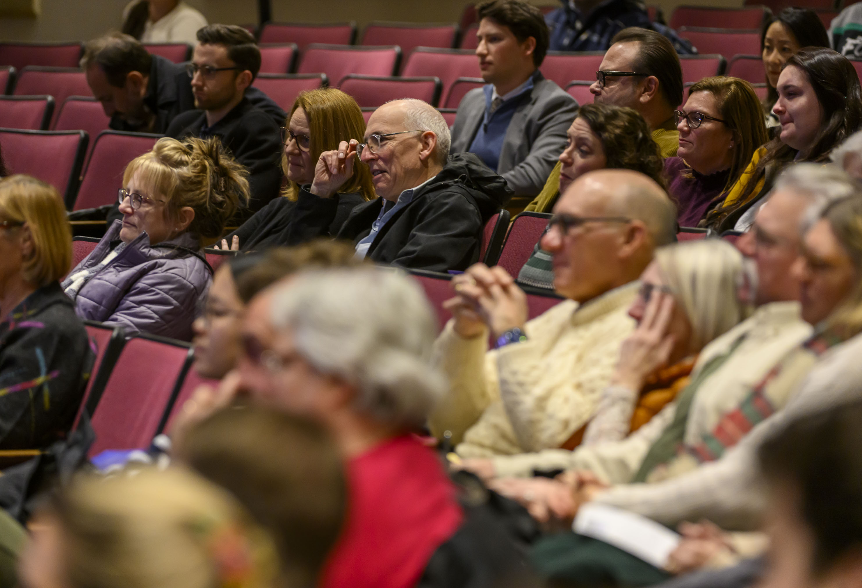 People listen as U.S. Sen. Dave McCormick, R-Pa., discusses the...