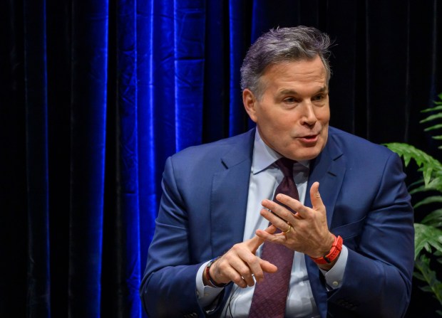 U.S. Sen. Dave McCormick, R-Pa., discusses the government's role in supporting artificial intelligence and innovation with Lehigh University President Joseph J. Helble on Thursday, Dec. 4, 2025, during Lehigh University's Compelling Perspectives program at the school's Packard Laboratory Room in Bethlehem. (April Gamiz/The Morning Call)