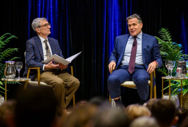 U.S. Sen. Dave McCormick, R-Pa., discusses the government's role in supporting artificial intelligence and innovation with Lehigh University President Joseph J. Helble on Thursday, Dec. 4, 2025, during Lehigh University's Compelling Perspectives program at the school's Packard Laboratory Room in Bethlehem. (April Gamiz/The Morning Call)