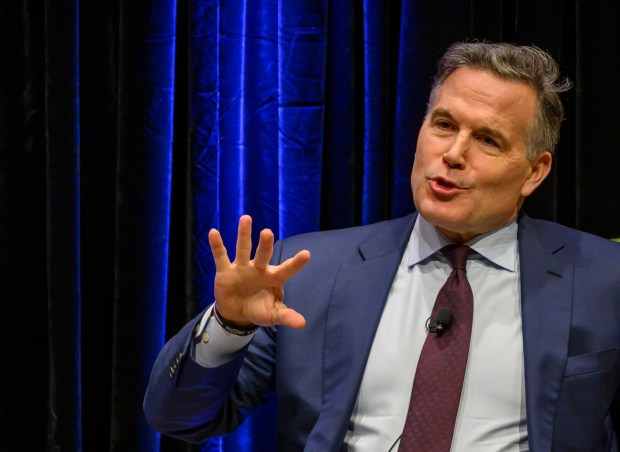 U.S. Sen. Dave McCormick, R-Pa., discusses the government's role in supporting artificial intelligence and innovation Thursday, Dec. 4, 2025, during Lehigh University's Compelling Perspectives program at the school's Packard Laboratory Room in Bethlehem. (April Gamiz/The Morning Call)