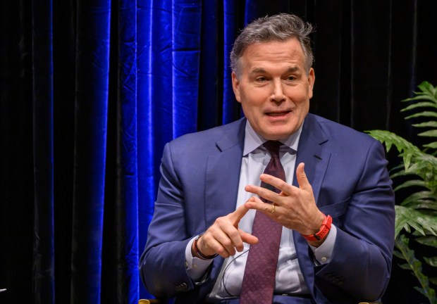 U.S. Sen. Dave McCormick, R-Pa., discusses the government's role in supporting artificial intelligence and innovation Thursday, Dec. 4, 2025, during Lehigh University's Compelling Perspectives program at the school's Packard Laboratory Room in Bethlehem. (April Gamiz/The Morning Call)