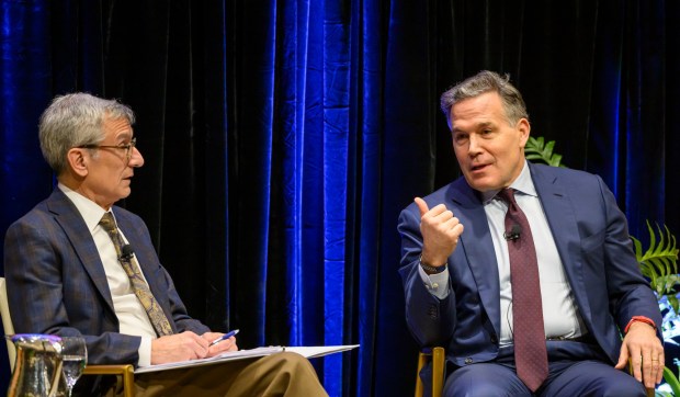 U.S. Sen. Dave McCormick, R-Pa., discusses the government's role in supporting artificial intelligence and innovation with Lehigh University President Joseph J. Helble on Thursday, Dec. 4, 2025, during Lehigh University's Compelling Perspectives program at the school's Packard Laboratory Room in Bethlehem. (April Gamiz/The Morning Call)