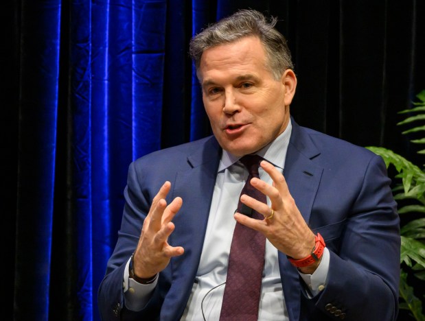 U.S. Sen. Dave McCormick, R-Pa., discusses the government's role in supporting artificial intelligence and innovation with Lehigh University President Joseph J. Helble on Thursday, Dec. 4, 2025, during Lehigh University's Compelling Perspectives program at the school's Packard Laboratory Room in Bethlehem. (April Gamiz/The Morning Call)