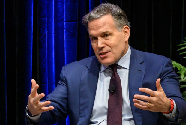 U.S. Sen. Dave McCormick, R-Pa., discusses the government's role in supporting artificial intelligence and innovation with Lehigh University President Joseph J. Helble on Thursday, Dec. 4, 2025, during Lehigh University's Compelling Perspectives program at the school's Packard Laboratory Room in Bethlehem. (April Gamiz/The Morning Call)