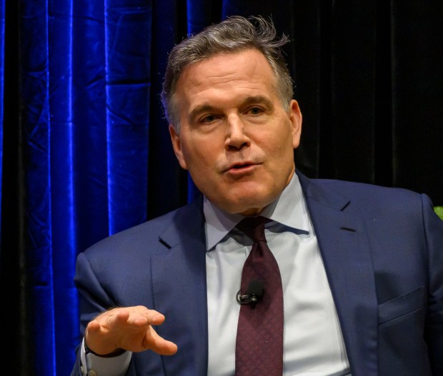 U.S. Sen. Dave McCormick, R-Pa., discusses the government's role in supporting artificial intelligence and innovation with Lehigh University President Joseph J. Helble on Thursday, Dec. 4, 2025, during Lehigh University's Compelling Perspectives program at the school's Packard Laboratory Room in Bethlehem. (April Gamiz/The Morning Call)