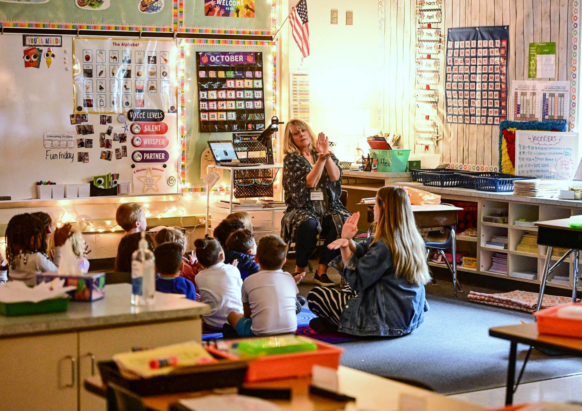 Jody Millspaugh leads students through relaxation exercises at Clearview Elementary School on Wednesday, Oct. 22, 2025, in Bethlehem as part of the Shanthi Project, a mindfulness program that serves kindergartners and fifth graders in the Bethlehem Area School District. (Monica Cabrera/The Morning Call)