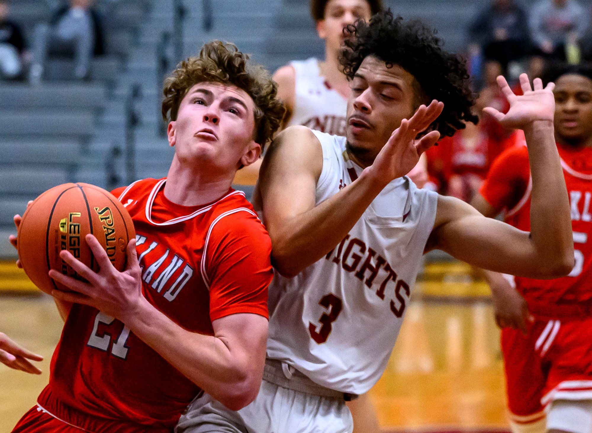 Parkland's Blake Nassry looks to score against Scranton Prep's Jaheam Roberts in a PIAA Class 6A boys second-round playoff game Wednesday, March 12, 2025, at Stroudsburg Area High School. (April Gamiz/The Morning Call)
