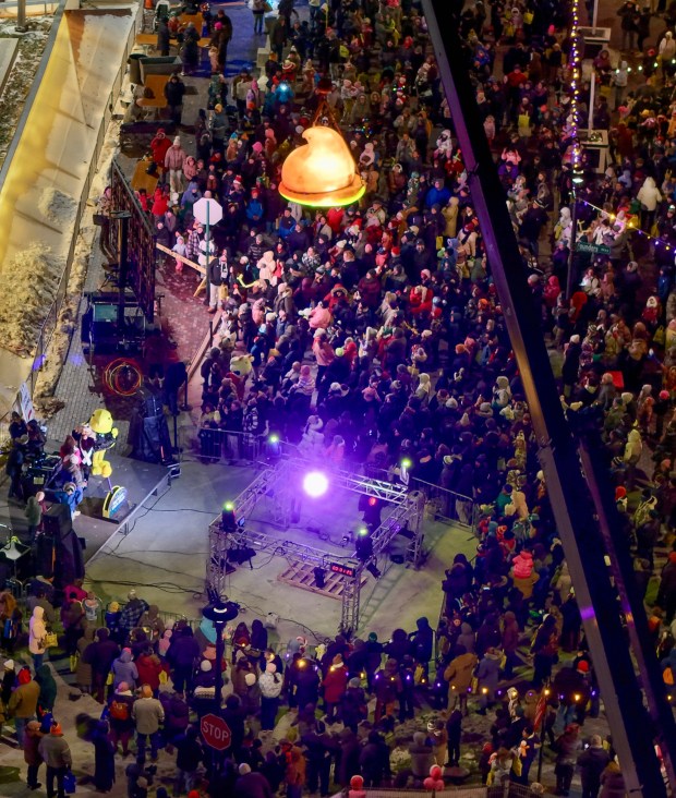 The Peeps chick drops to symbolize the arrival of the new year during the first night of PeepsFest on Tuesday, Dec. 30, 2025, at SteelStacks in Bethlehem. Revelers braved freezing cold temperatures and high winds to witness the annual Peeps chick drop, which will be done again Wednesday night. (Rich Rolen/Special to The Morning Call)