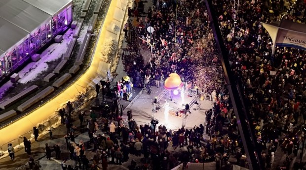 The Peeps chick drops to symbolize the arrival of the new year during the first night of PeepsFest on Tuesday, Dec. 30, 2025, at SteelStacks in Bethlehem. Revelers braved freezing cold temperatures and high winds to witness the annual Peeps chick drop, which will be done again Wednesday night. (Rich Rolen/Special to The Morning Call)