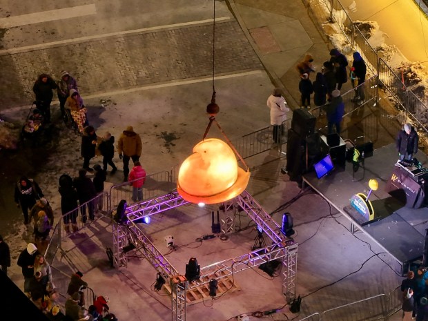 The Peeps chick drops to symbolize the arrival of the new year during the first night of PeepsFest on Tuesday, Dec. 30, 2025, at SteelStacks in Bethlehem. Revelers braved freezing cold temperatures and high winds to witness the annual Peeps chick drop, which will be done again Wednesday night. (Rich Rolen/Special to The Morning Call)