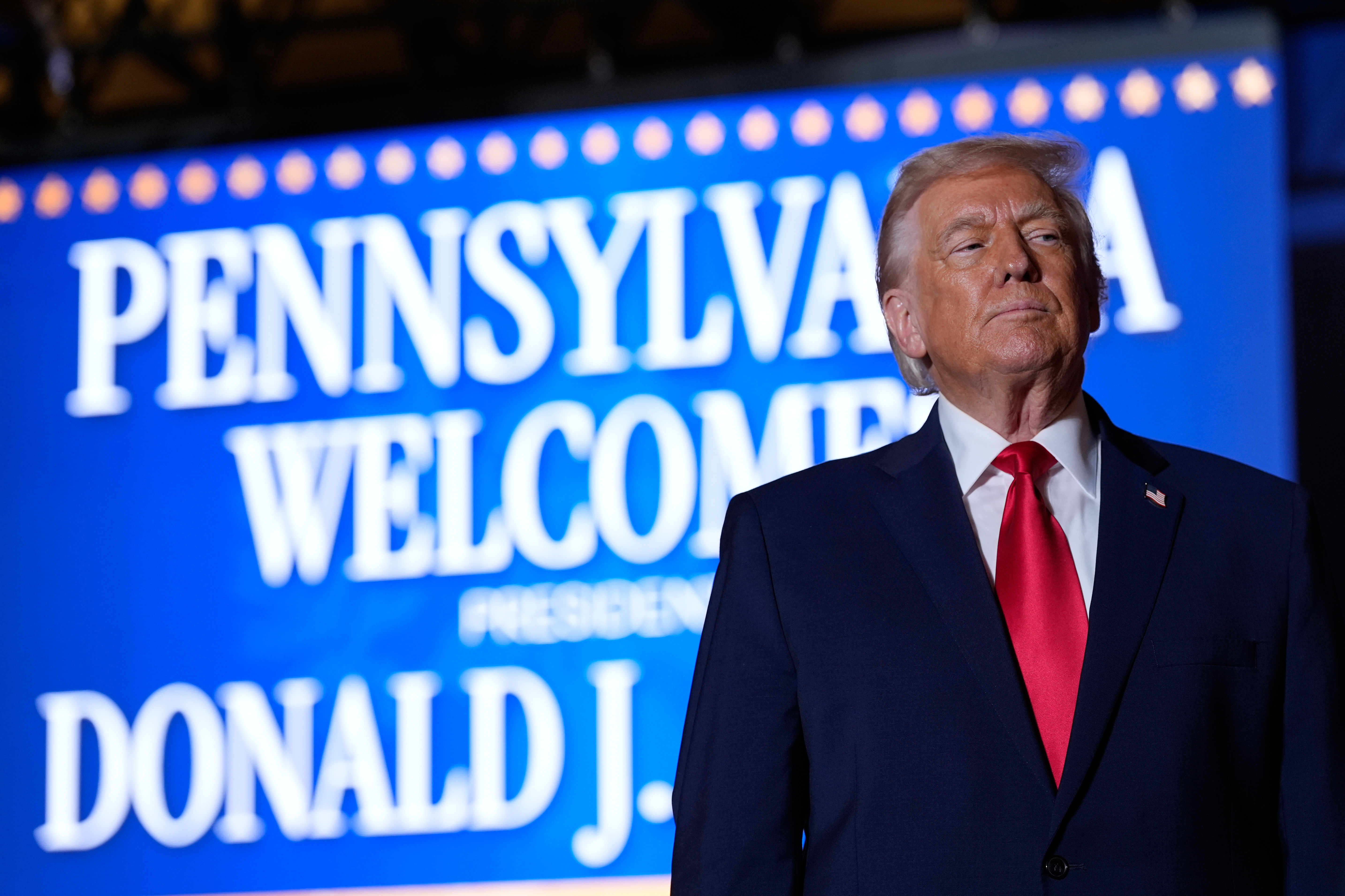 President Donald Trump arrives to speak at Mount Airy Casino...