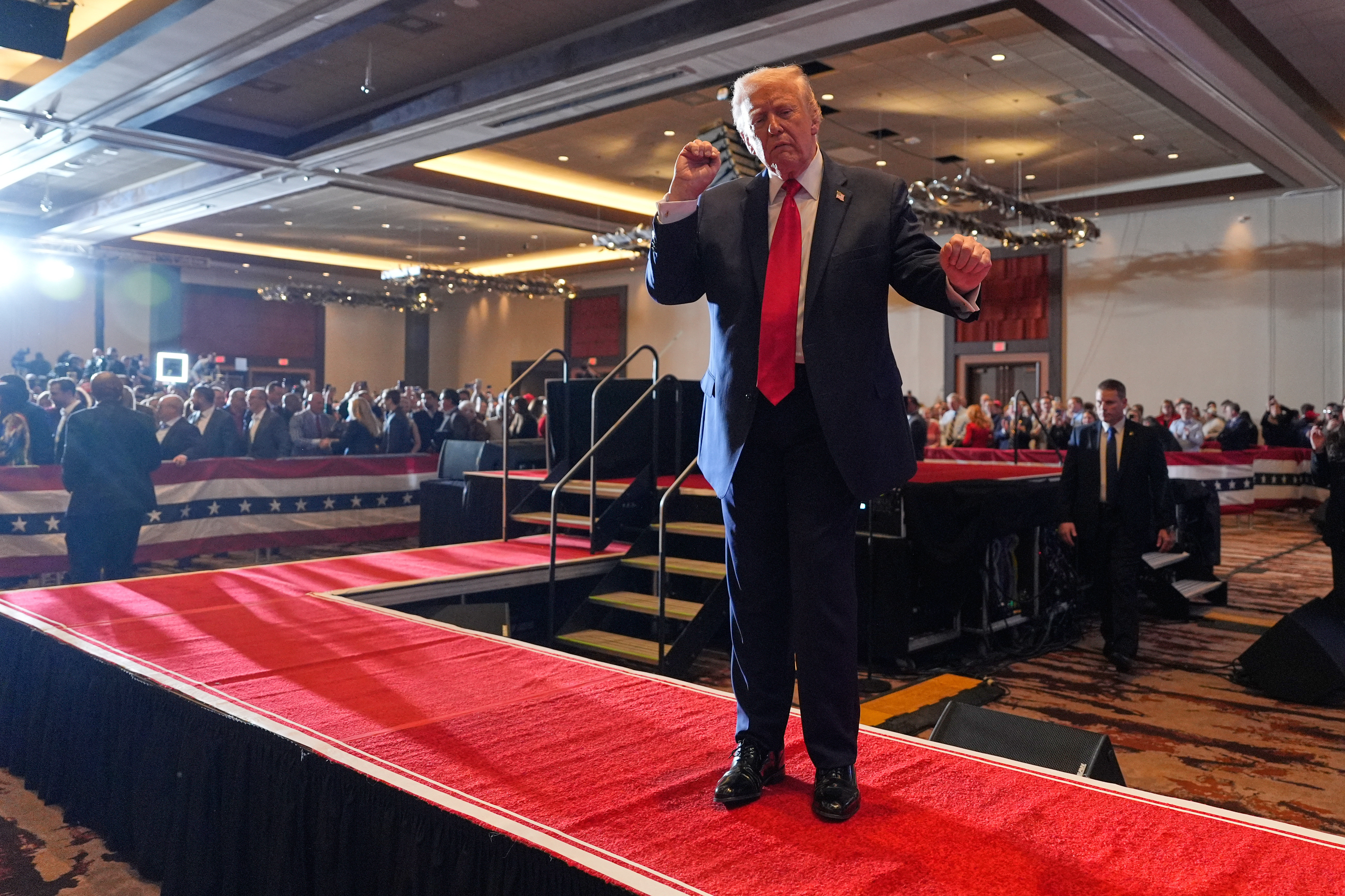 President Donald Trump dances after speaking at Mount Airy Casino...